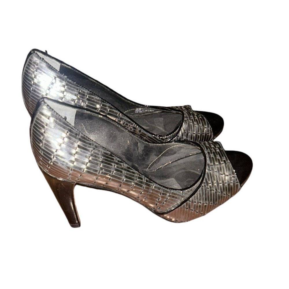 Cole Haan Genevieve‎ Silver Woven Pumps-Size 7.5 Open Peep Toe Women's Stiletto